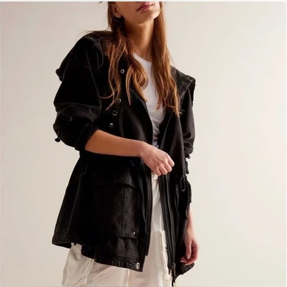 We The Free Black Hooded Utility Jacket Medium Washed Cotton Parka